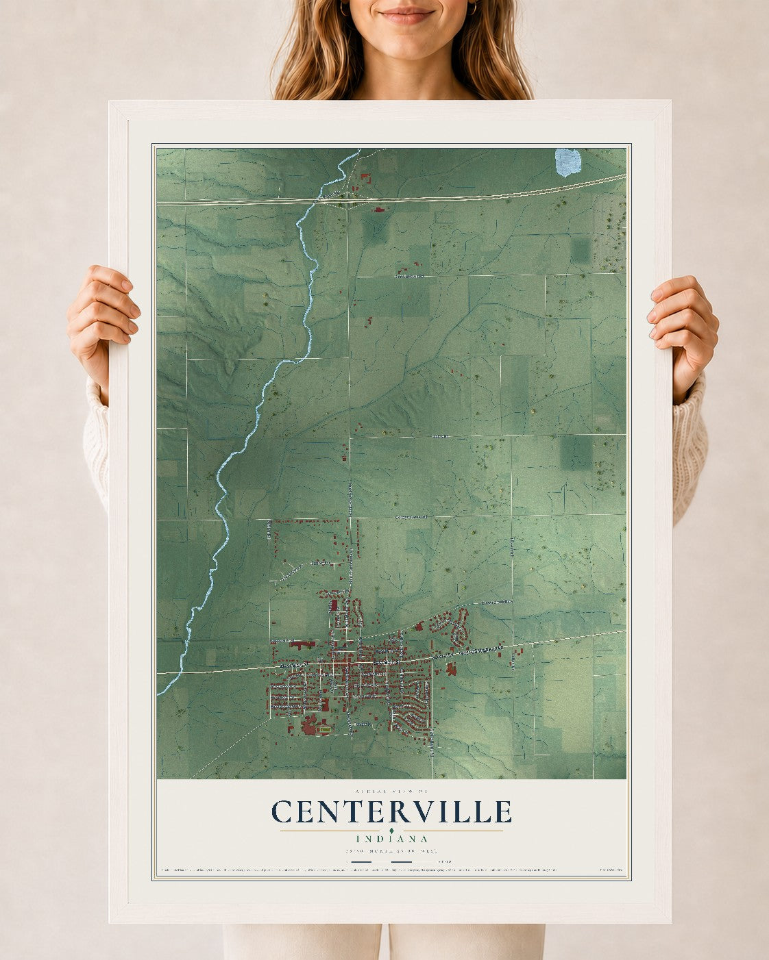 Map of Centerville, Indiana, 24 x 36 inch print in a white wood frame
