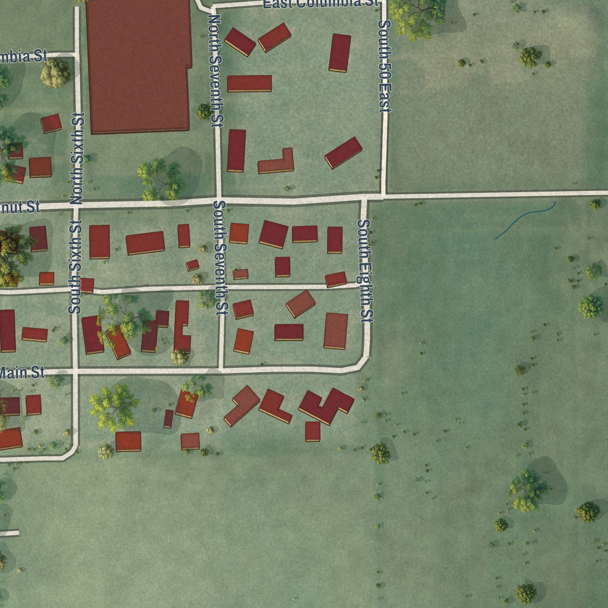 Second close-up of the map of Chalmers, Indiana print showing more streets and buildings