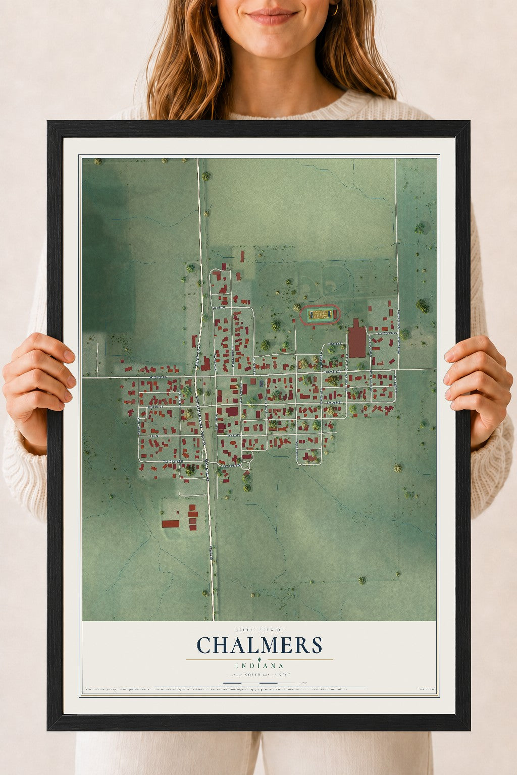 Map of Chalmers, Indiana, 18 x 24 inch print in a black wood frame
