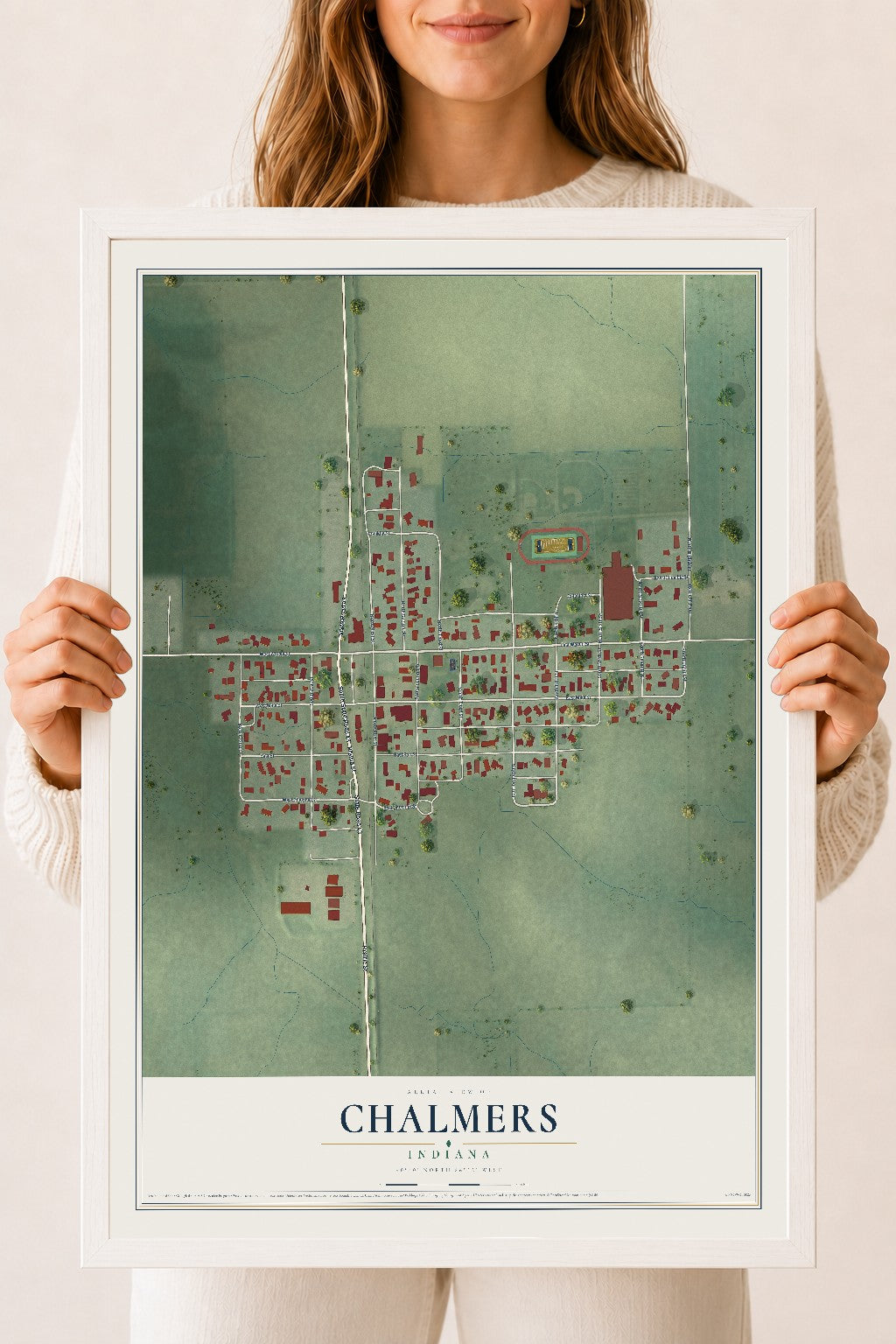Map of Chalmers, Indiana, 18 x 24 inch print in a white wood frame