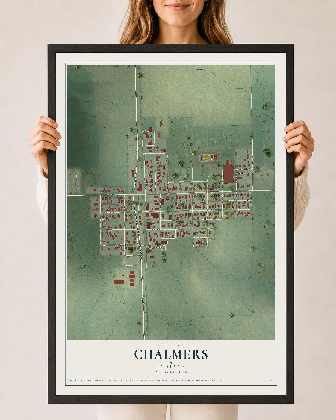Map of Chalmers, Indiana, 24 x 36 inch print in a black wood frame
