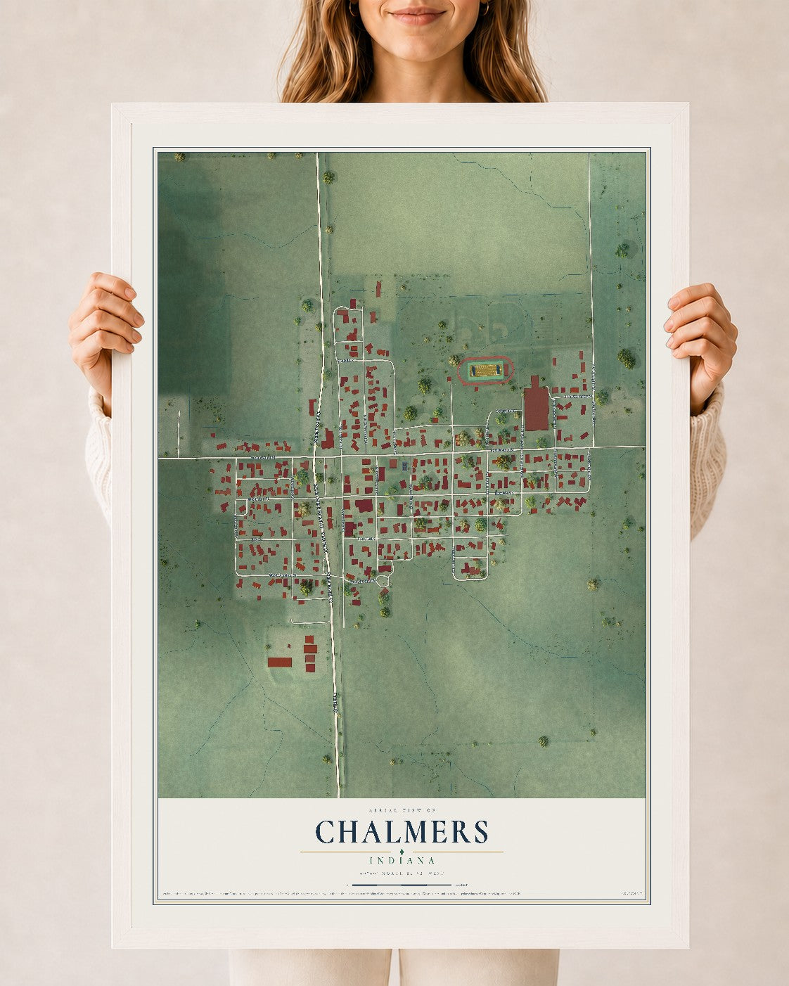 Map of Chalmers, Indiana, 24 x 36 inch print in a white wood frame