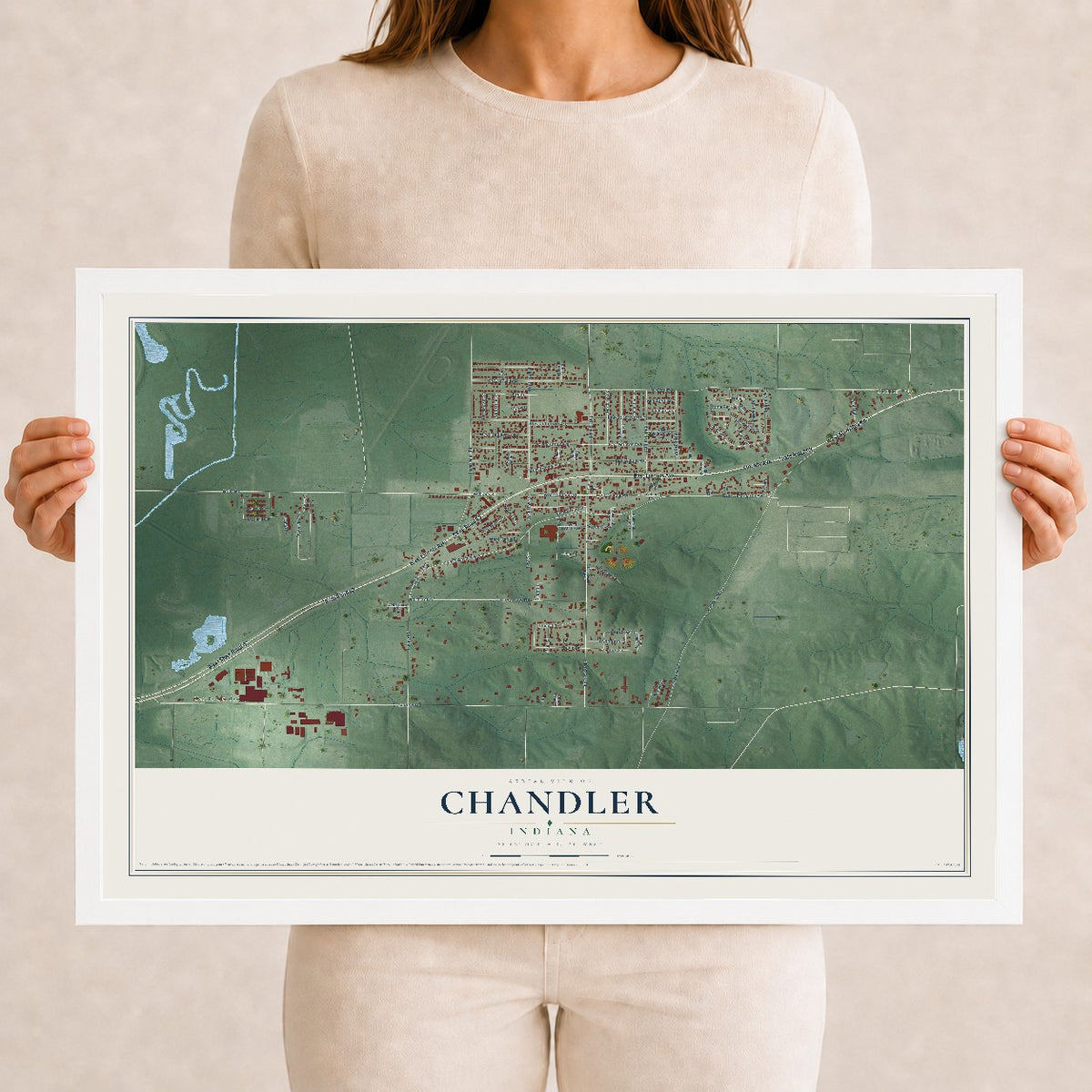 Map of Chandler, Indiana, 12 x 18 inch print in a white wood frame