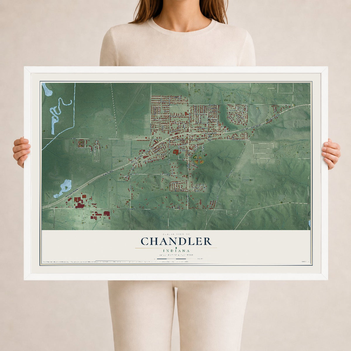 Map of Chandler, Indiana, 24 x 36 inch print in a white wood frame