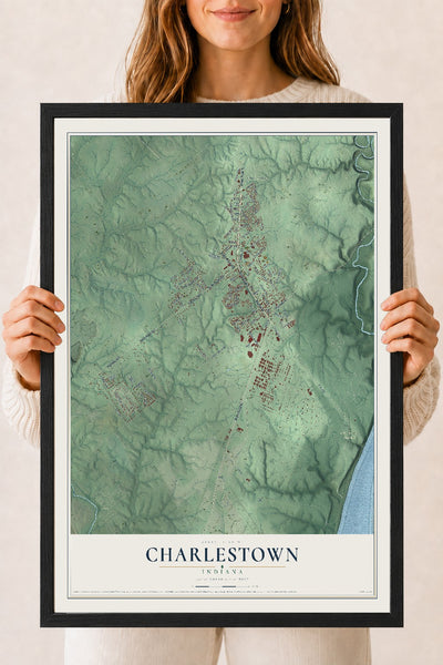 Map of Charlestown, Indiana, 18 x 24 inch print in a black wood frame