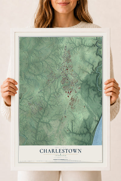 Map of Charlestown, Indiana, 18 x 24 inch print in a white wood frame