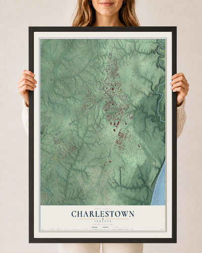 Map of Charlestown, Indiana, 24 x 36 inch print in a black wood frame