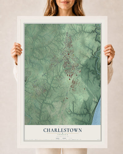 Map of Charlestown, Indiana, 24 x 36 inch print in a white wood frame