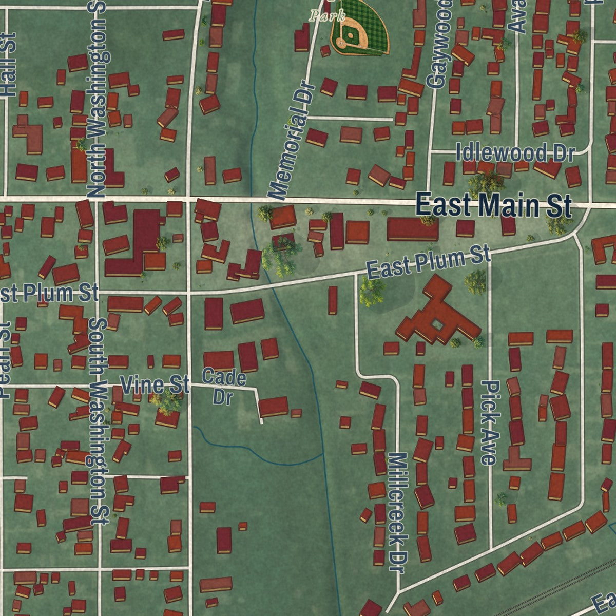 Close-up of the map of Chesterfield, Indiana print showing street and building detail