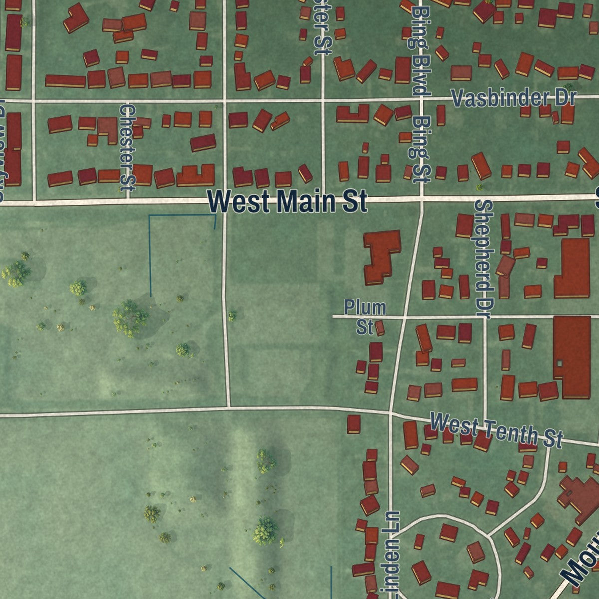 Second close-up of the map of Chesterfield, Indiana print showing more streets and buildings
