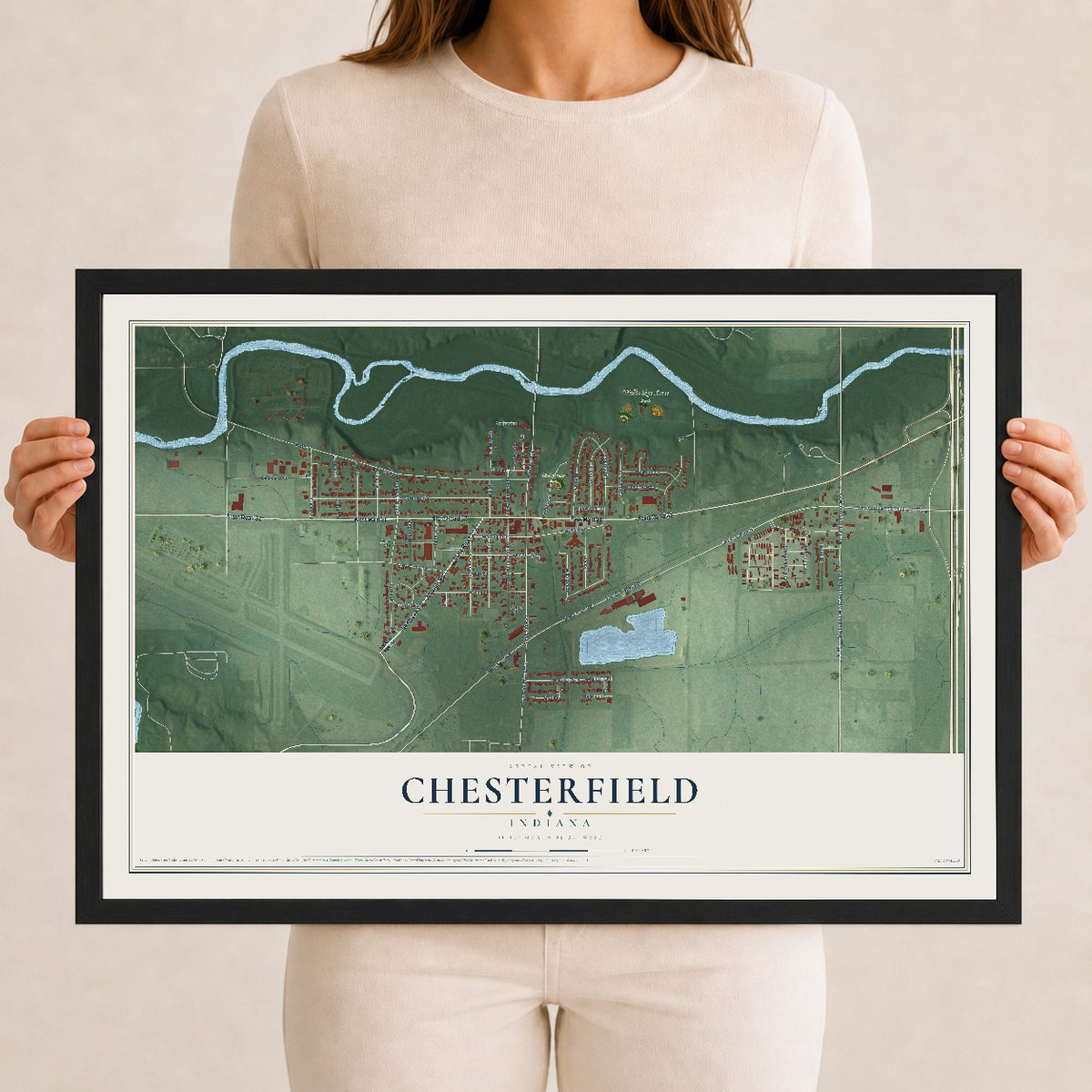 Map of Chesterfield, Indiana, 12 x 18 inch print in a black wood frame