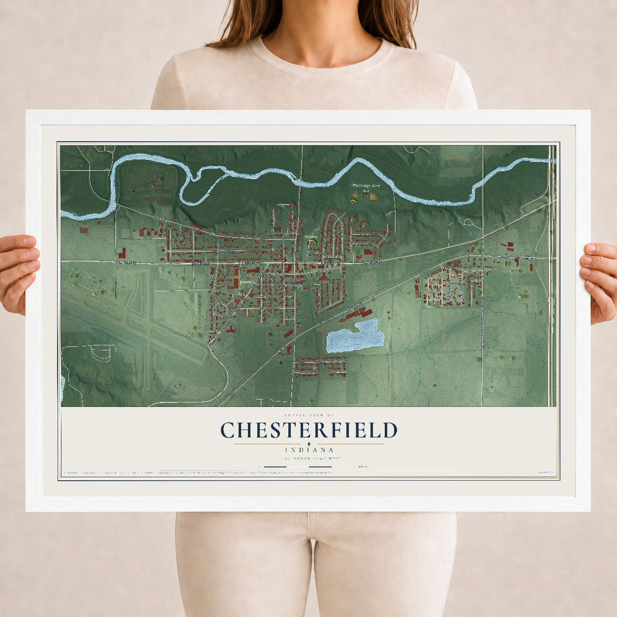 Map of Chesterfield, Indiana, 18 x 24 inch print in a white wood frame