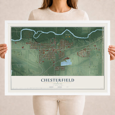 Map of Chesterfield, Indiana, 18 x 24 inch print in a white wood frame