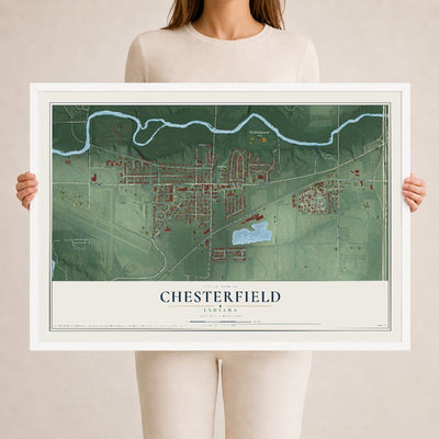 Map of Chesterfield, Indiana, 24 x 36 inch print in a white wood frame