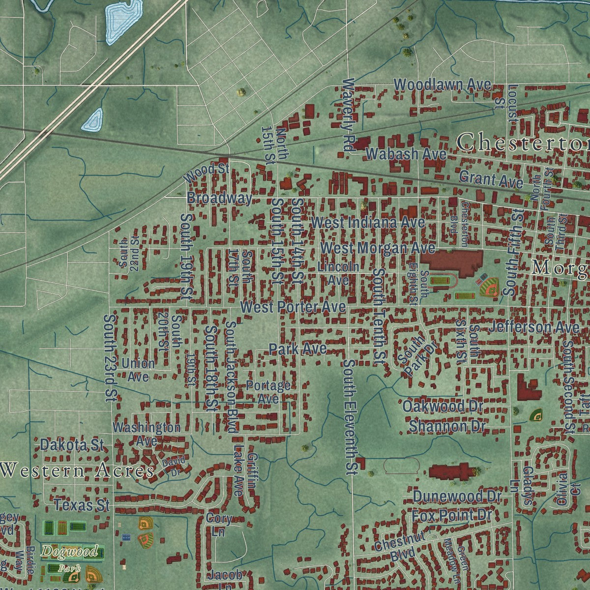 Close-up of the map of Chesterton, Indiana print showing street and building detail