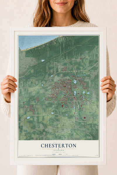 Map of Chesterton, Indiana, 18 x 24 inch print in a white wood frame