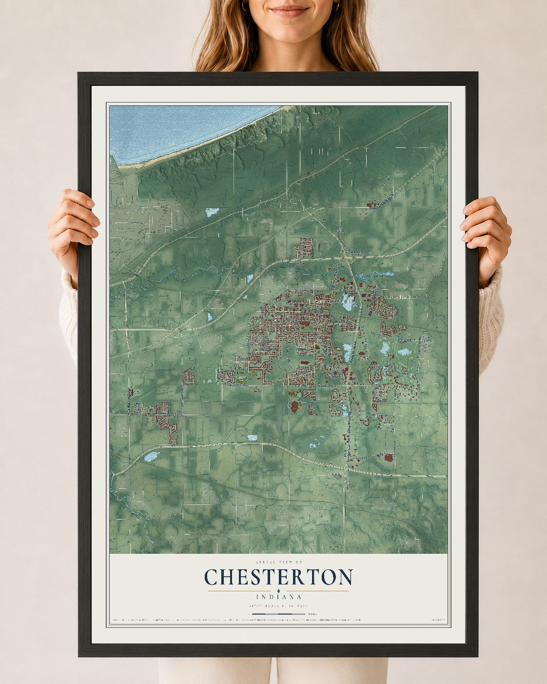 Map of Chesterton, Indiana, 24 x 36 inch print in a black wood frame