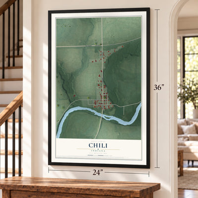 Chili, Indiana map, 24 x 36 inch print in a black frame by a staircase