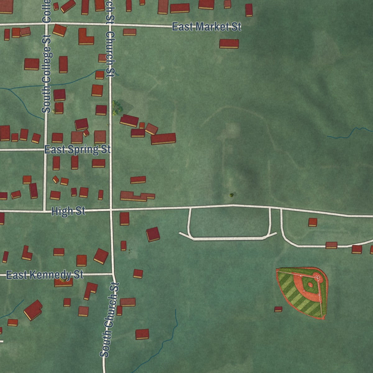 Second close-up of the map of Chrisney, Indiana print showing more streets and buildings