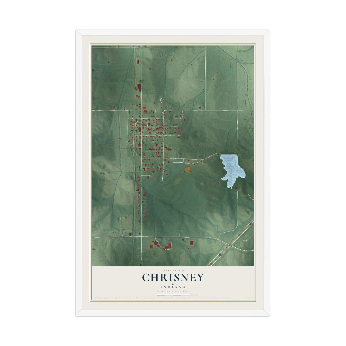 Map of Chrisney, Indiana, 12 x 18 inch print in a white wood frame
