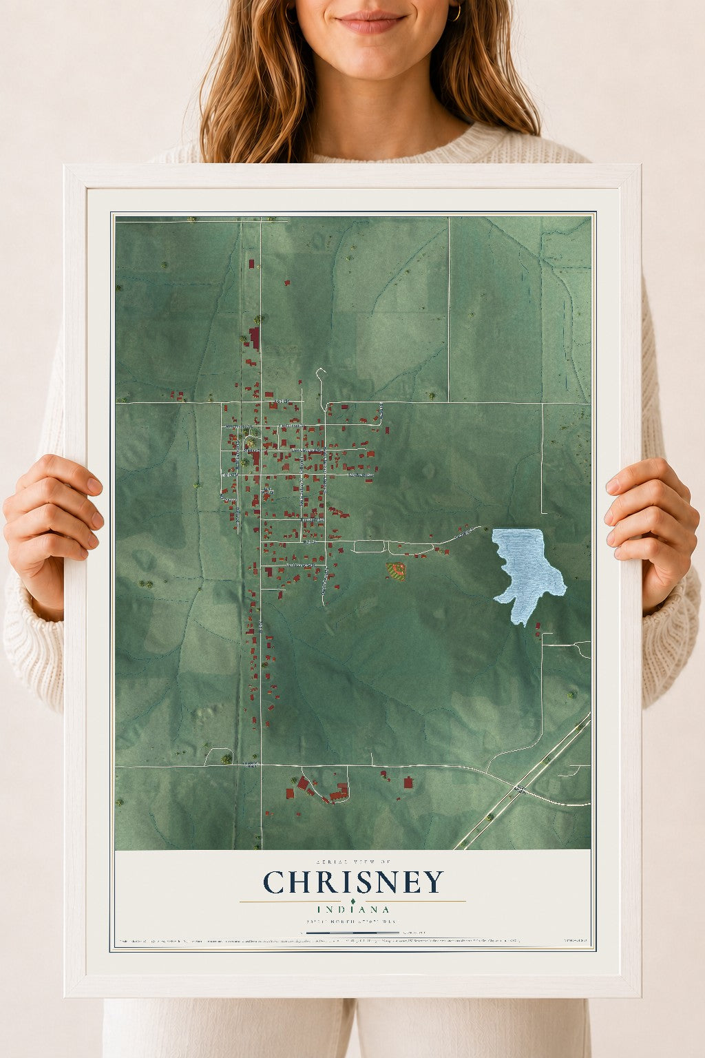 Map of Chrisney, Indiana, 18 x 24 inch print in a white wood frame