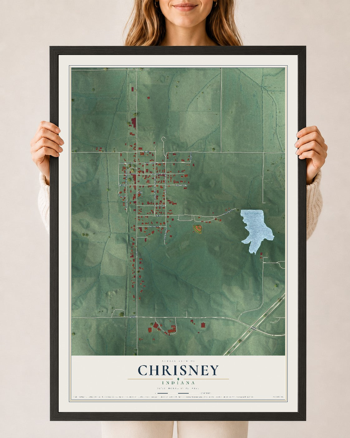 Map of Chrisney, Indiana, 24 x 36 inch print in a black wood frame