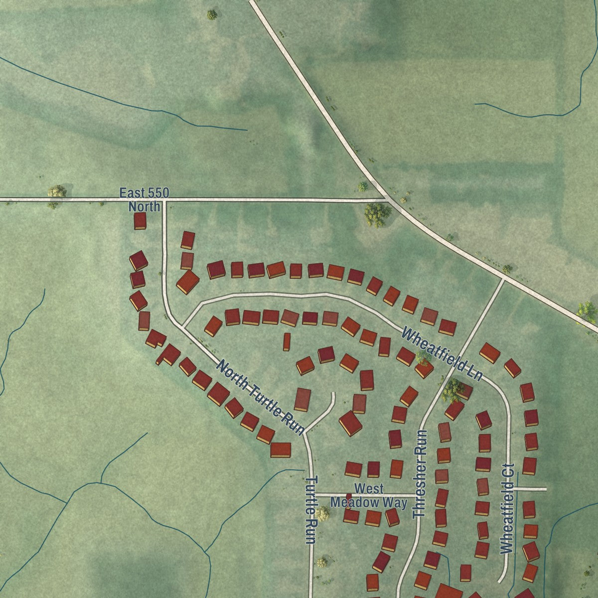 Second close-up of the map of Churubusco, Indiana print showing more streets and buildings