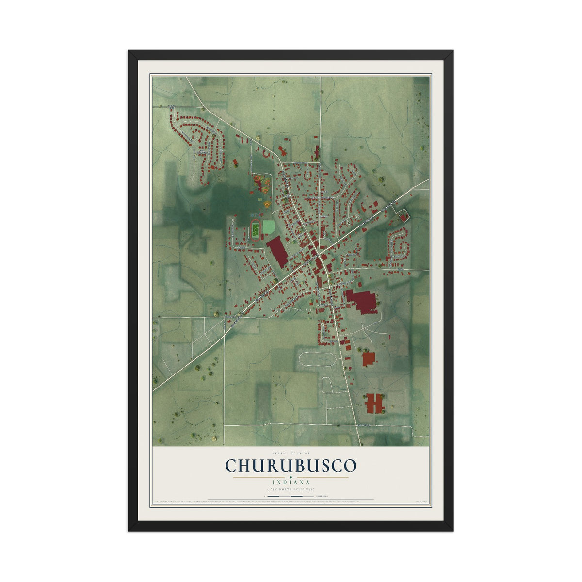 Map of Churubusco, Indiana, 12 x 18 inch print in a black wood frame