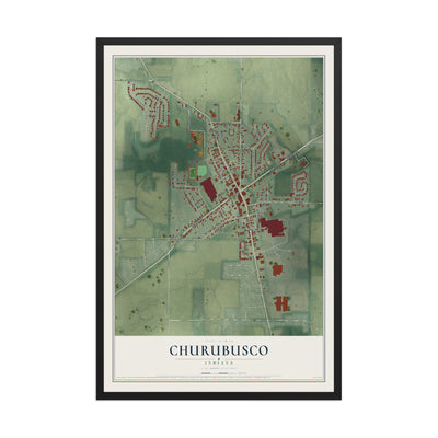 Map of Churubusco, Indiana, 12 x 18 inch print in a black wood frame