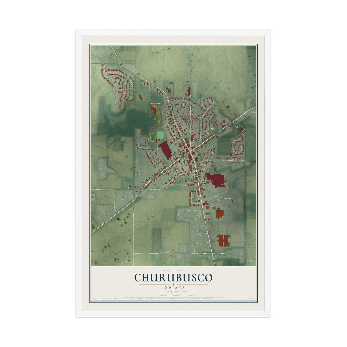 Map of Churubusco, Indiana, 12 x 18 inch print in a white wood frame