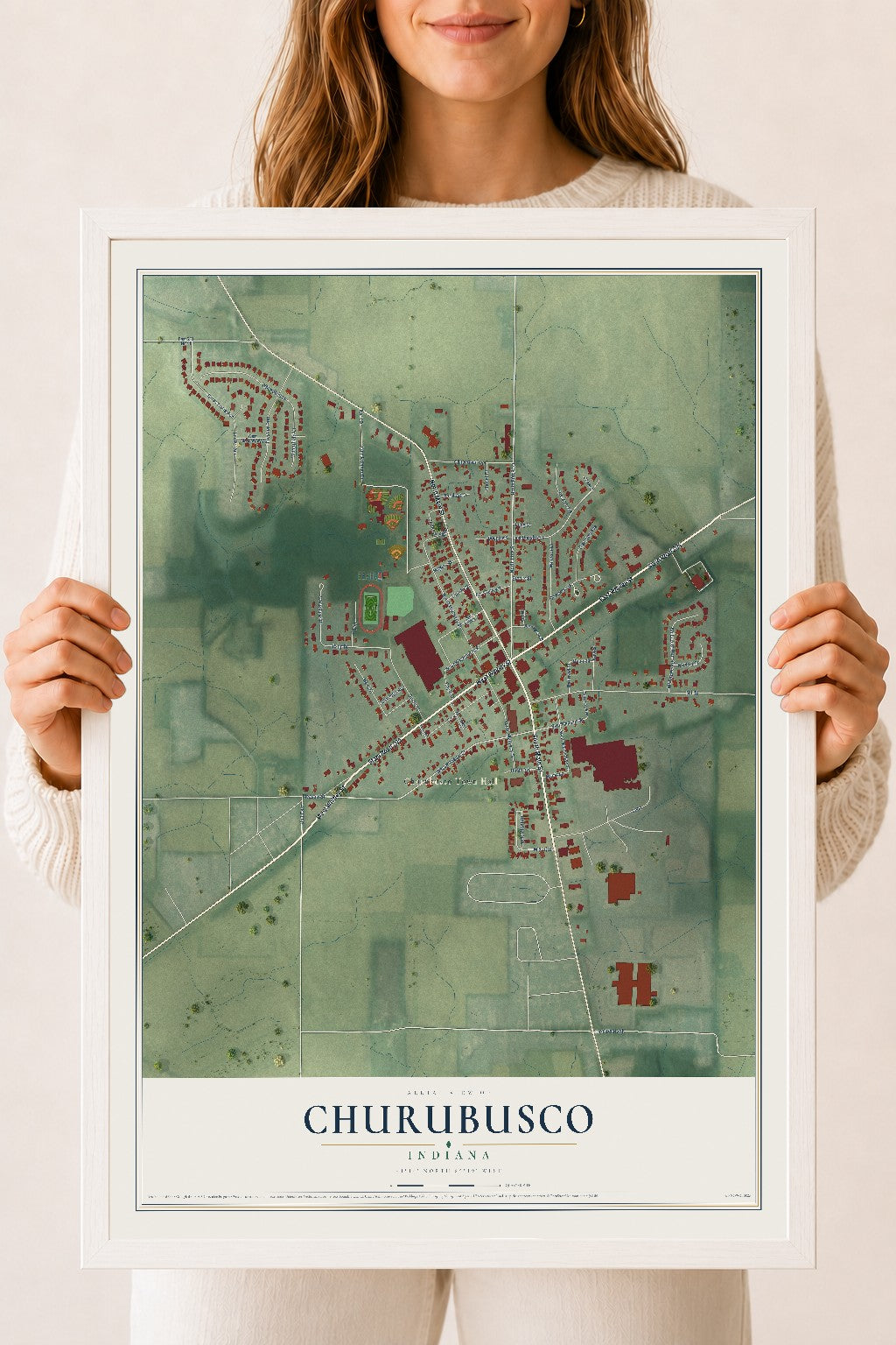 Map of Churubusco, Indiana, 18 x 24 inch print in a white wood frame