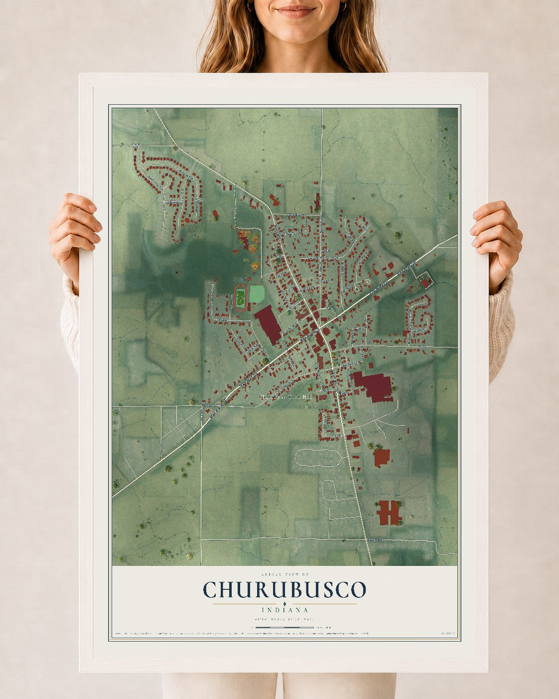 Map of Churubusco, Indiana, 24 x 36 inch print in a white wood frame