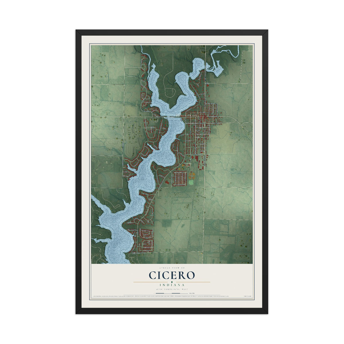 Map of Cicero, Indiana, 12 x 18 inch print in a black wood frame