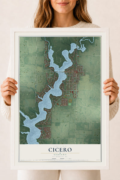 Map of Cicero, Indiana, 18 x 24 inch print in a white wood frame