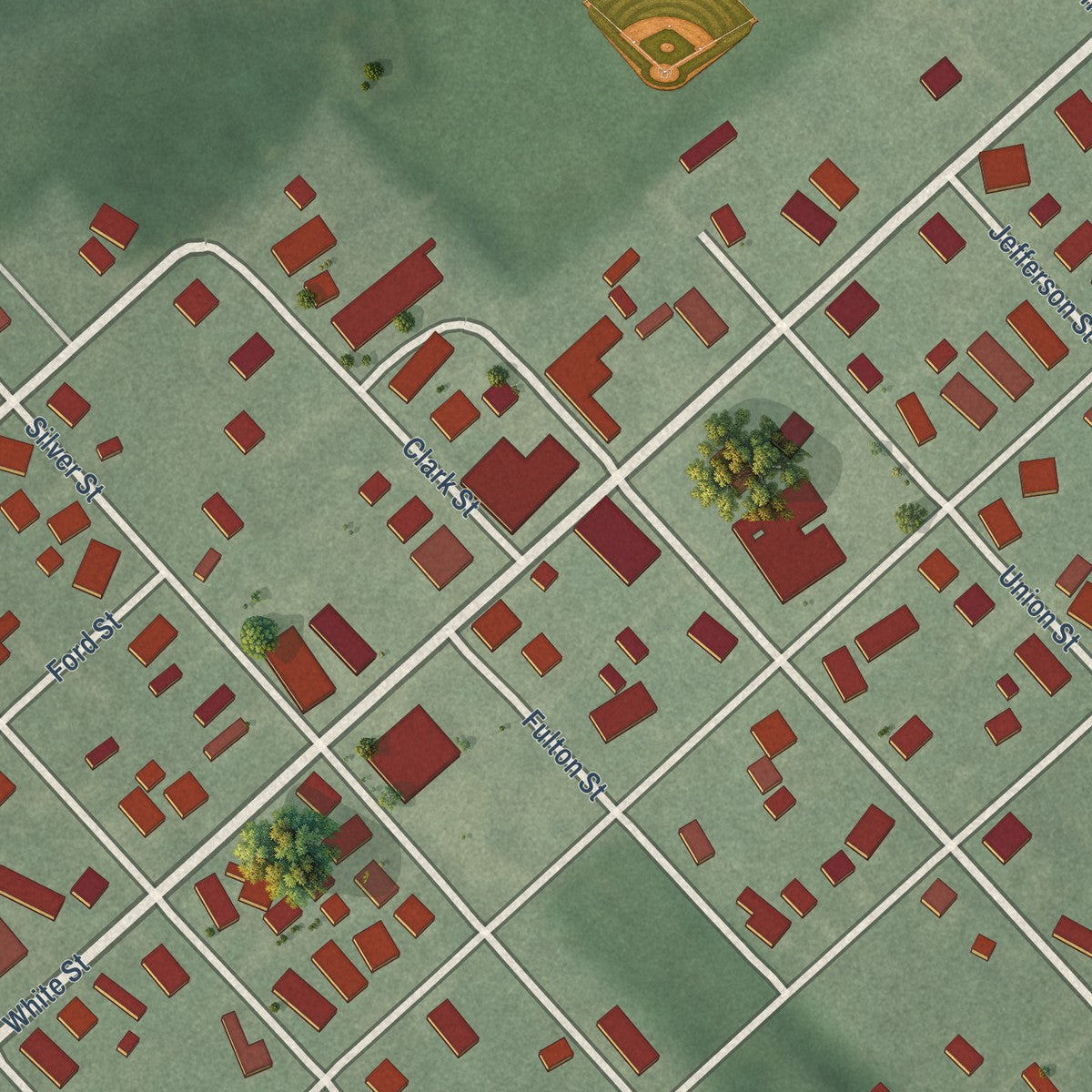 Close-up of the map of Clarks Hill, Indiana print showing street and building detail