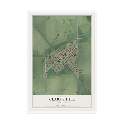 Map of Clarks Hill, Indiana, 12 x 18 inch print in a white wood frame