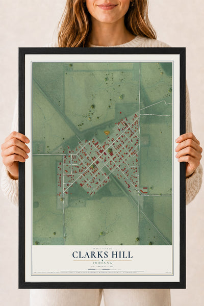 Map of Clarks Hill, Indiana, 18 x 24 inch print in a black wood frame