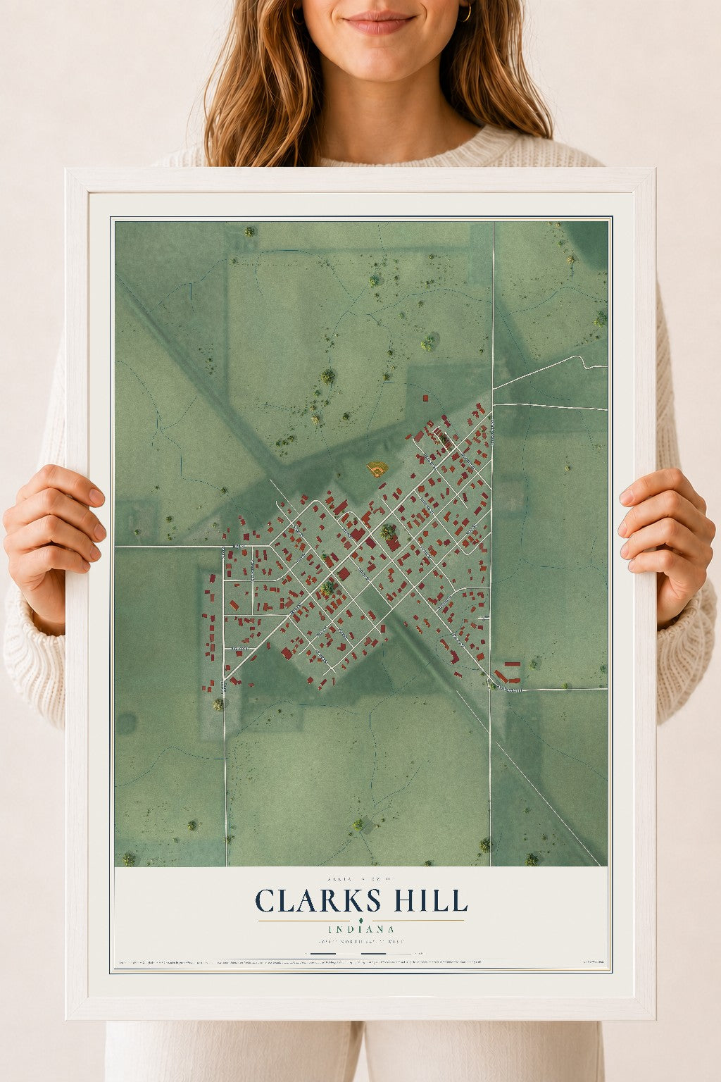 Map of Clarks Hill, Indiana, 18 x 24 inch print in a white wood frame