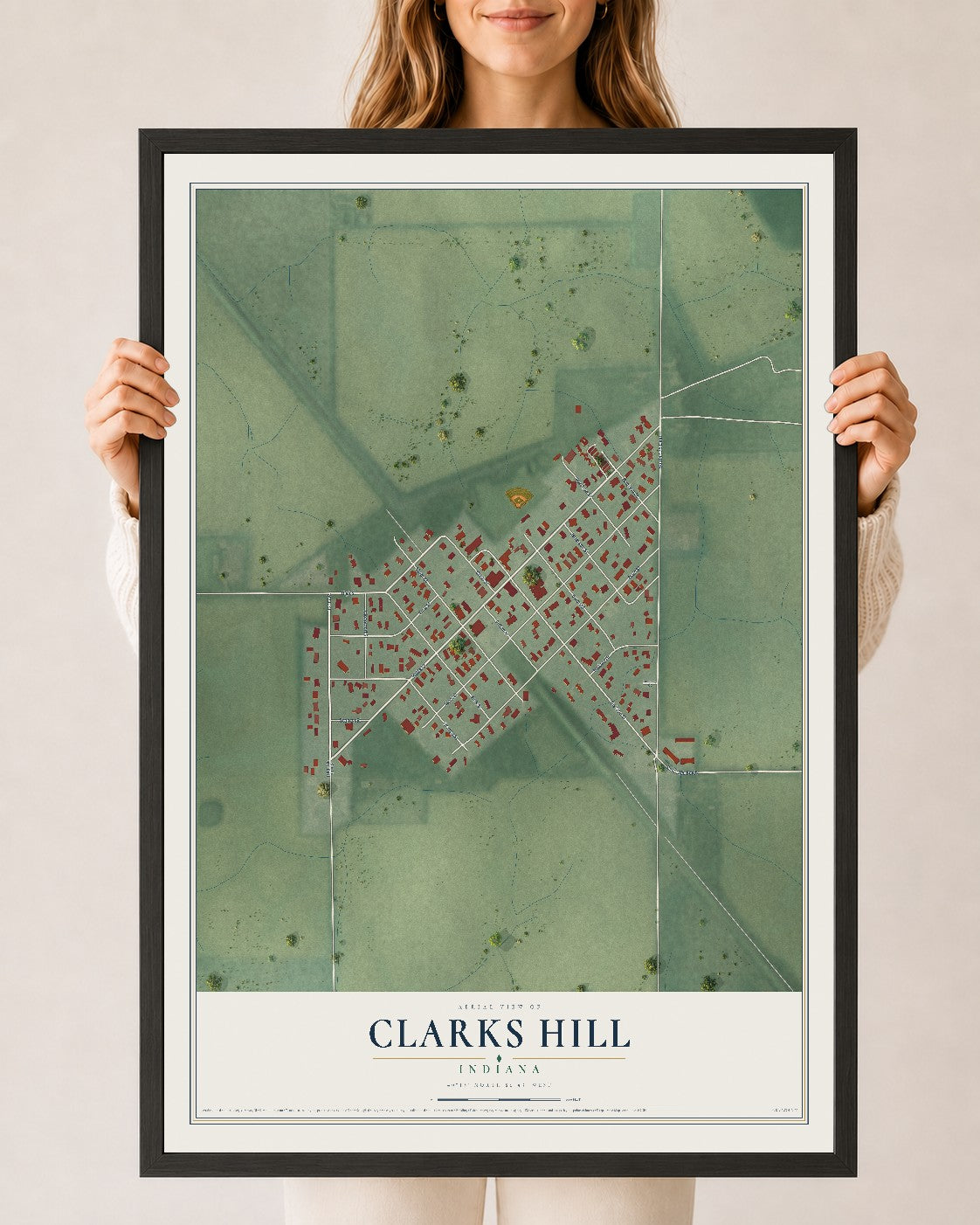 Map of Clarks Hill, Indiana, 24 x 36 inch print in a black wood frame