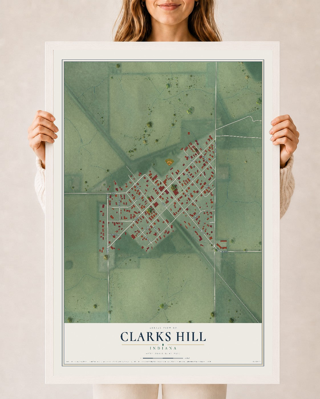 Map of Clarks Hill, Indiana, 24 x 36 inch print in a white wood frame
