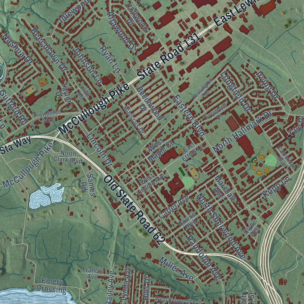 Close-up of the map of Clarksville, Indiana print showing street and building detail