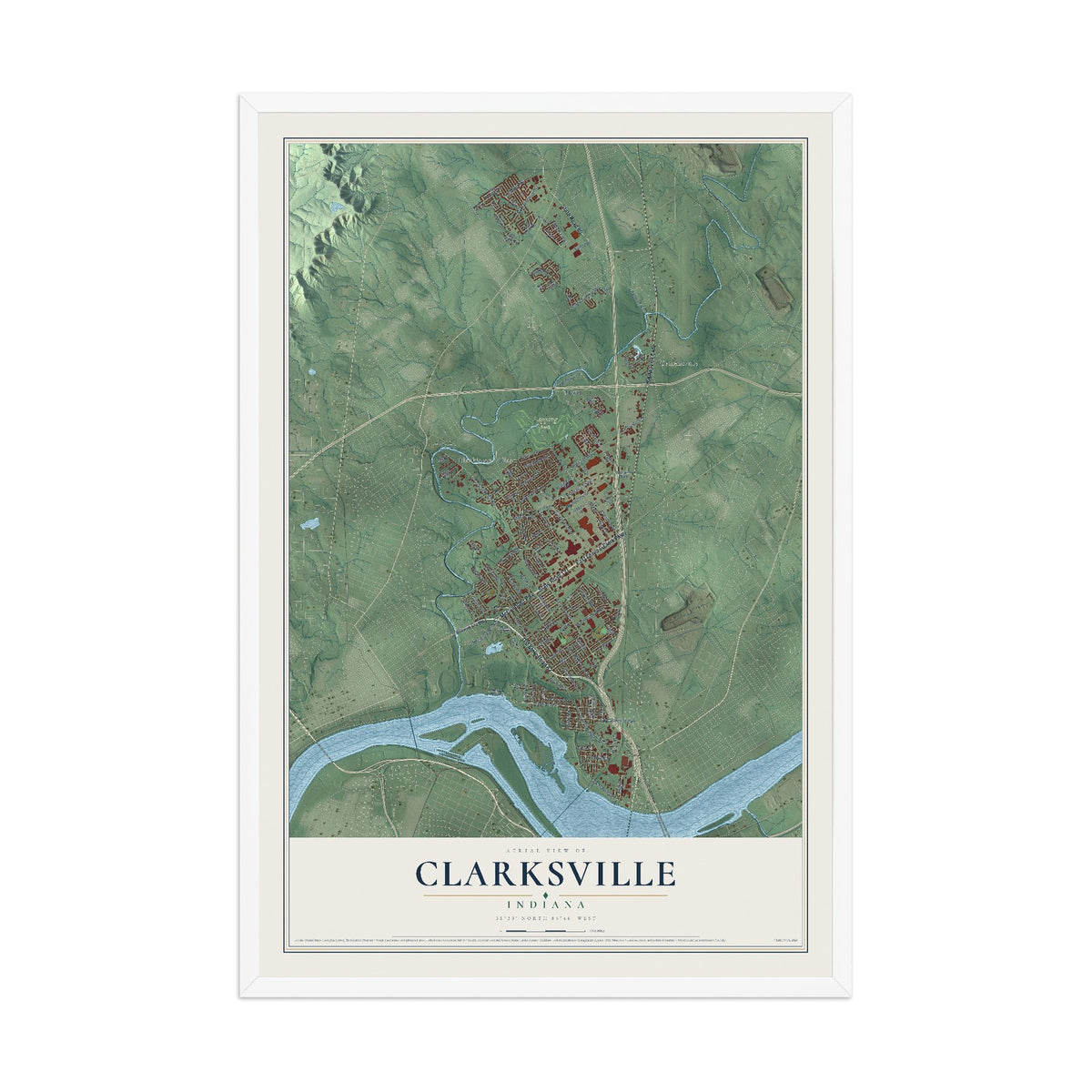 Map of Clarksville, Indiana, 12 x 18 inch print in a white wood frame