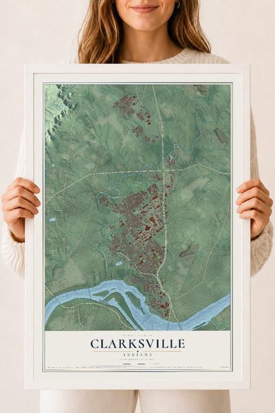 Map of Clarksville, Indiana, 18 x 24 inch print in a white wood frame