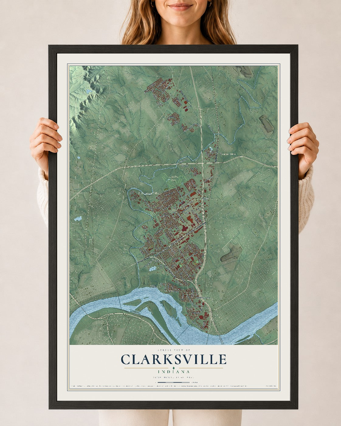 Map of Clarksville, Indiana, 24 x 36 inch print in a black wood frame
