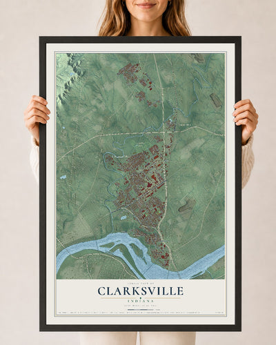 Map of Clarksville, Indiana, 24 x 36 inch print in a black wood frame