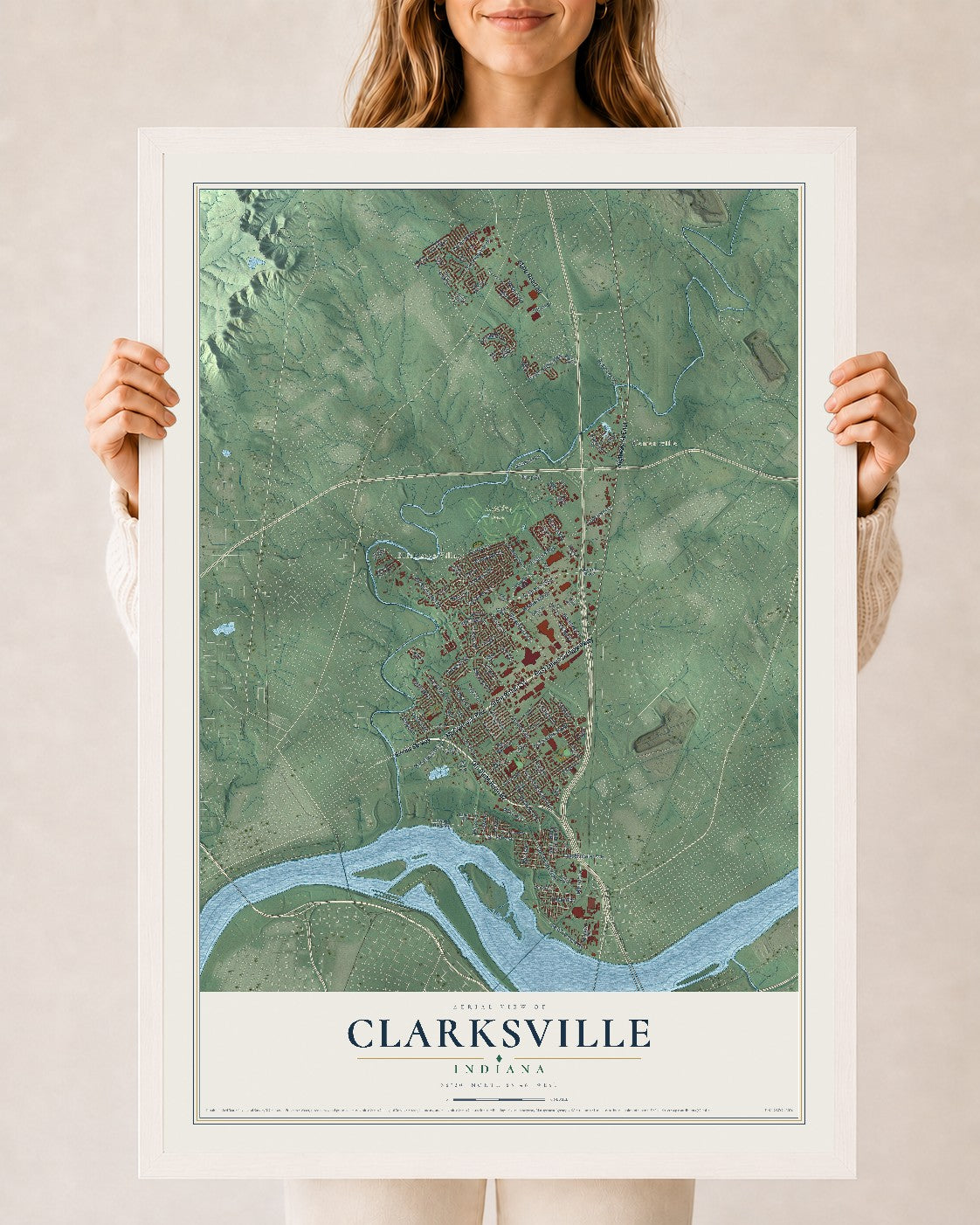 Map of Clarksville, Indiana, 24 x 36 inch print in a white wood frame