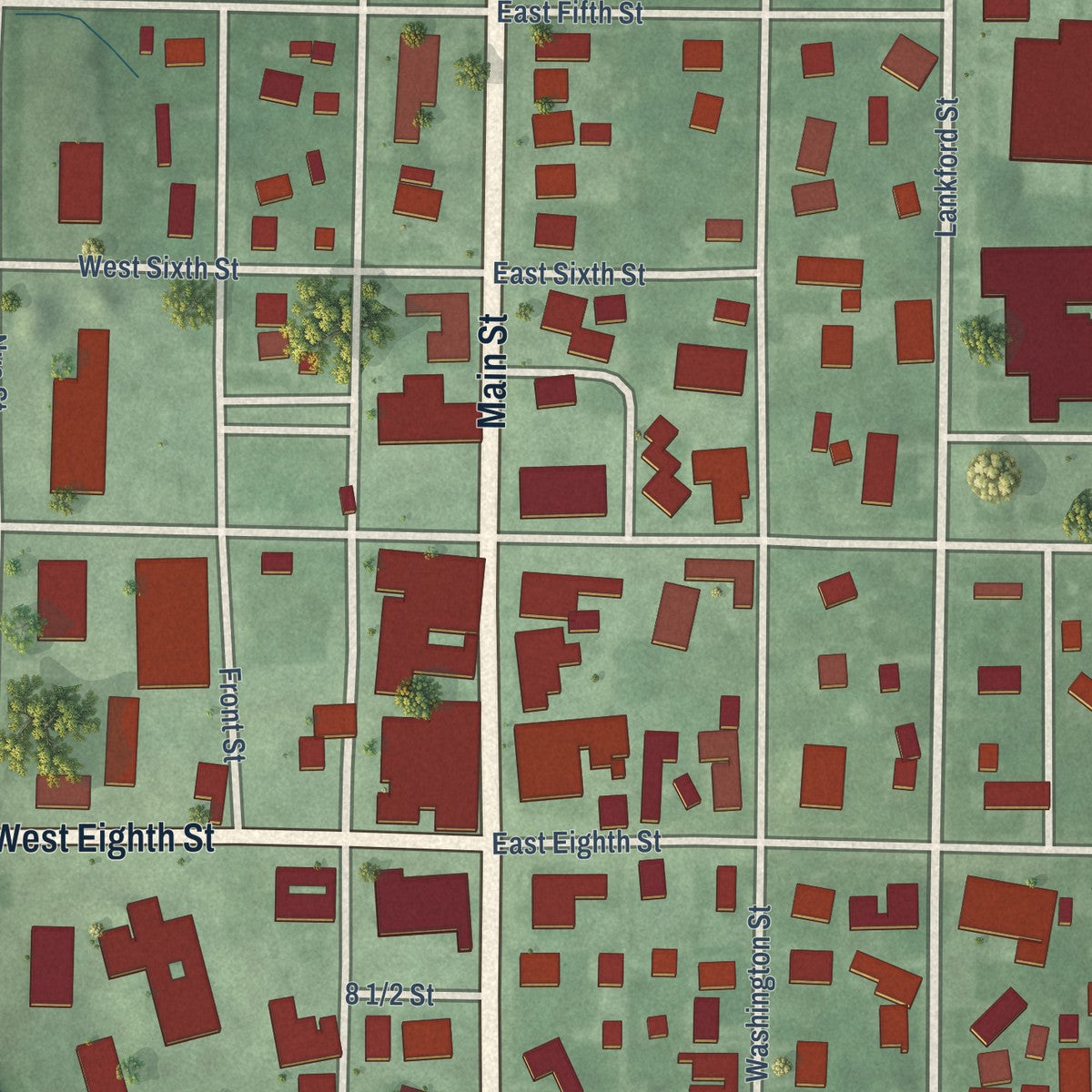 Close-up of the map of Clay City, Indiana print showing street and building detail