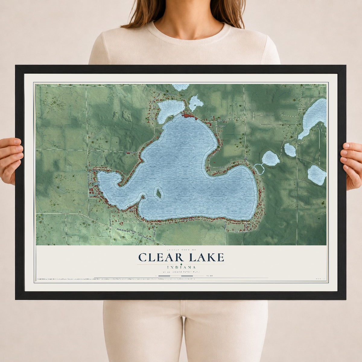 Map of Clear Lake, Indiana, 18 x 24 inch print in a black wood frame