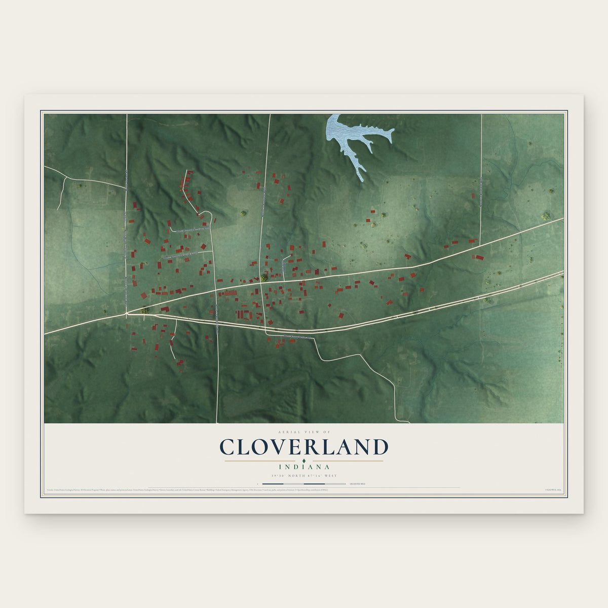 Cloverland, Indiana map print, the full design