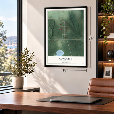 Coal City, Indiana map, 18 x 24 inch print in a black frame in a home office